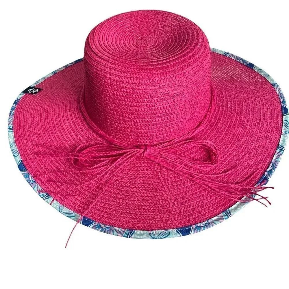 Simply Southern Womens Preppy Straw Hat O/S Salty Pink Beach Vacation Wide Brim - Picture 2 of 6